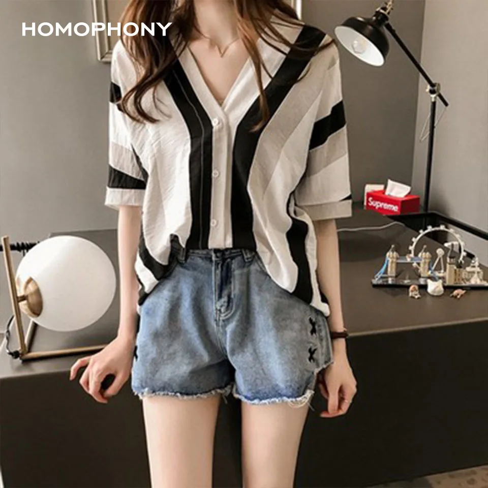 Блузка Homophony женская с V-образным вырезом модная Свободная рубашка в полоску