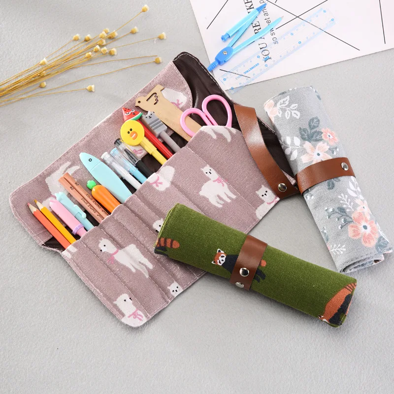 Kawaii Flower Карандаш Чехол холст рулон мешок косметические кисти Косметический Roll Up