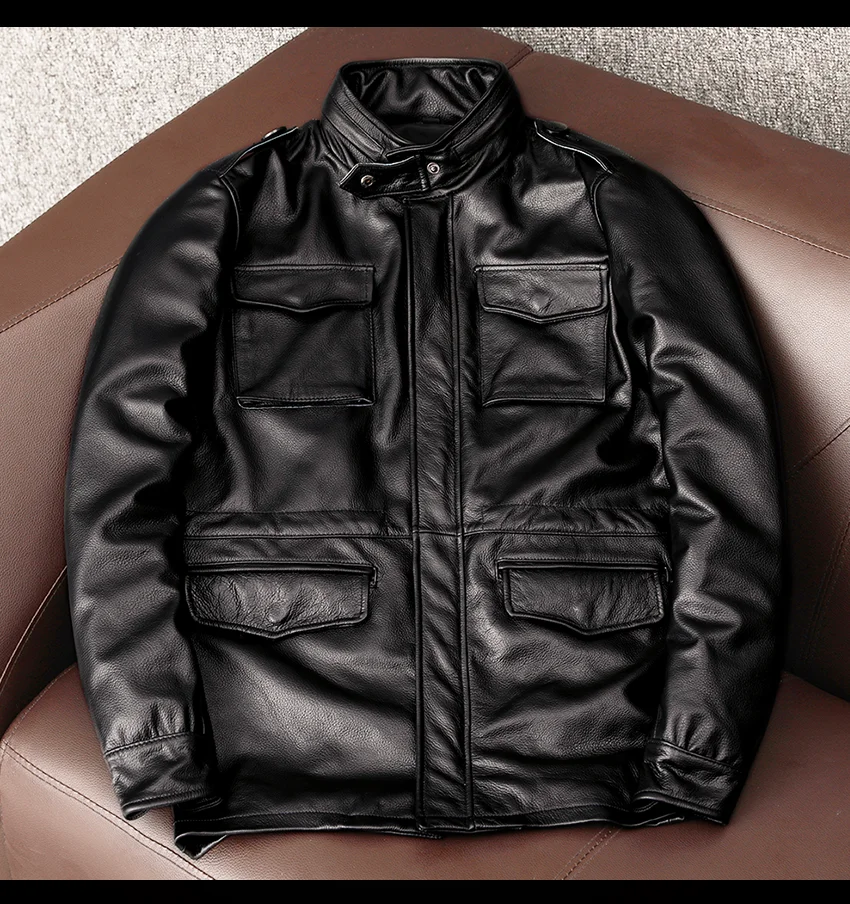 YR!Free shipping.2020 sales black cowhide jacket.100% genuine leather coat.warm leather clothes.plus size M65 real leather