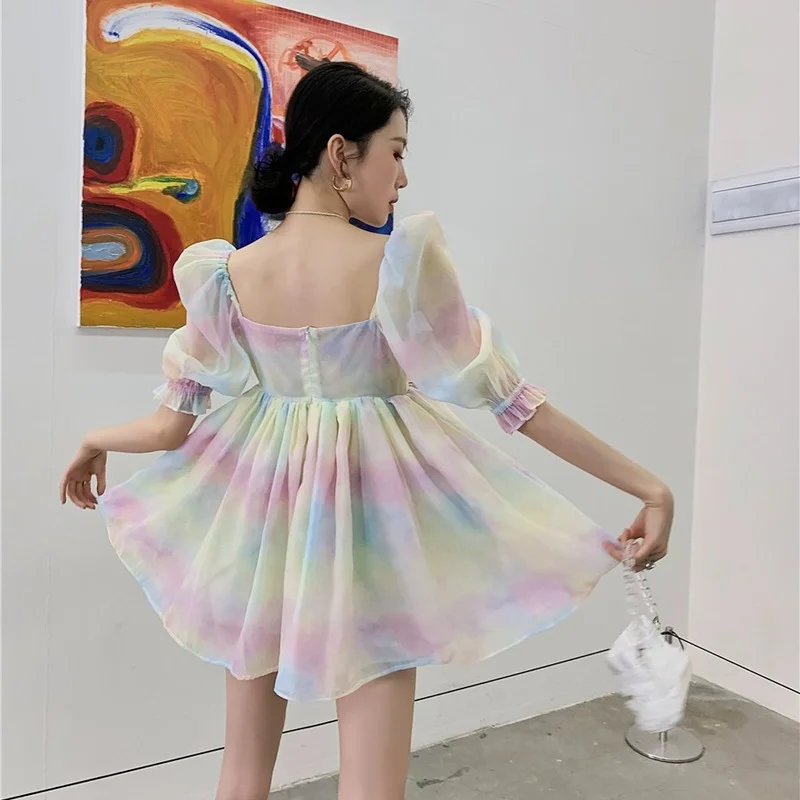 

Korejepo Women Dress 2021 Summer New Sweet Fairy Rainbow Color Square Collar Puff A-line Short Dresses Female Party Ball Gown
