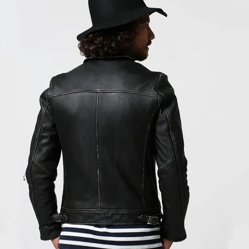 Винтажная японская Мужская короткая приталенная кожаная мужская куртка из