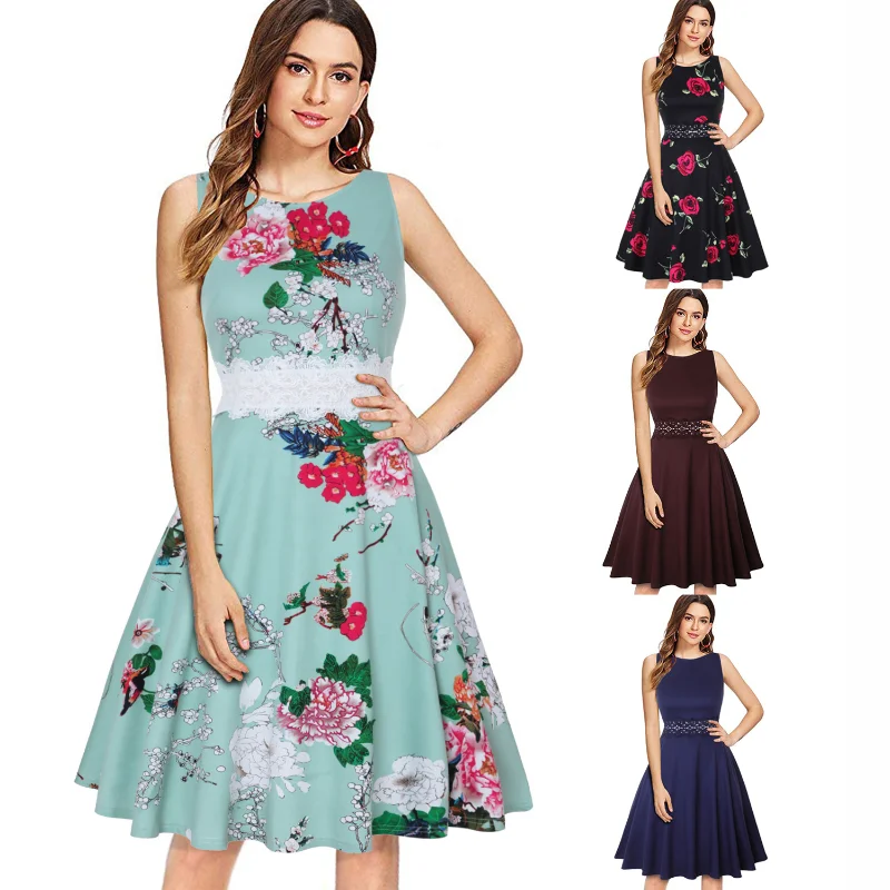 

Women Vintage Casual Round Neck A line Summer Elegant Floral Lace Patchwork Sleeveless Tunic Party Swing Dress