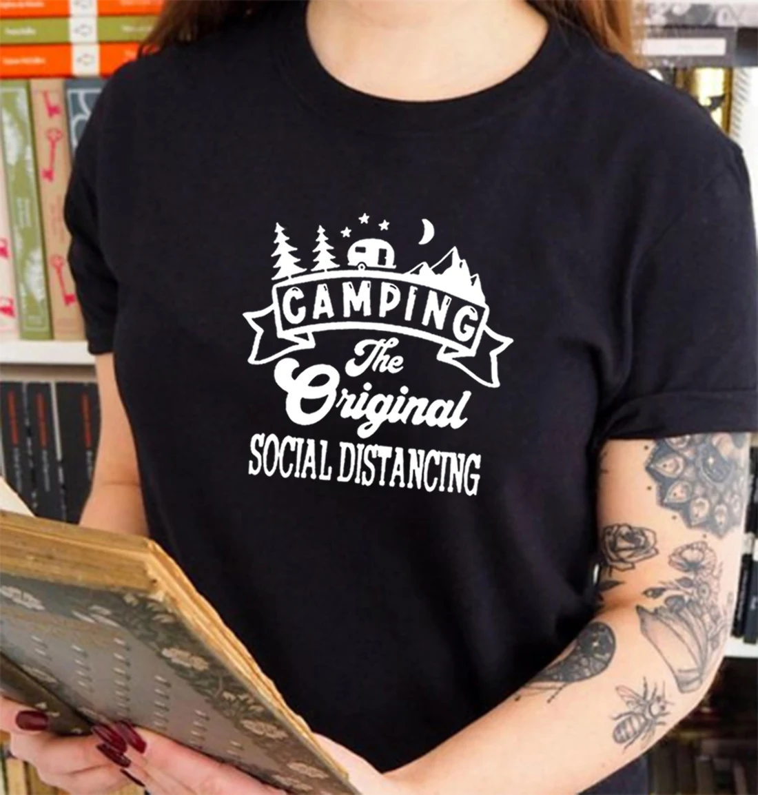 

Camping Social Distancing T Shirt Women Summer Short Sleeve O-neck Cotton Tshirt Women Loose Camiseta Mujer Casual T Shirt Femme