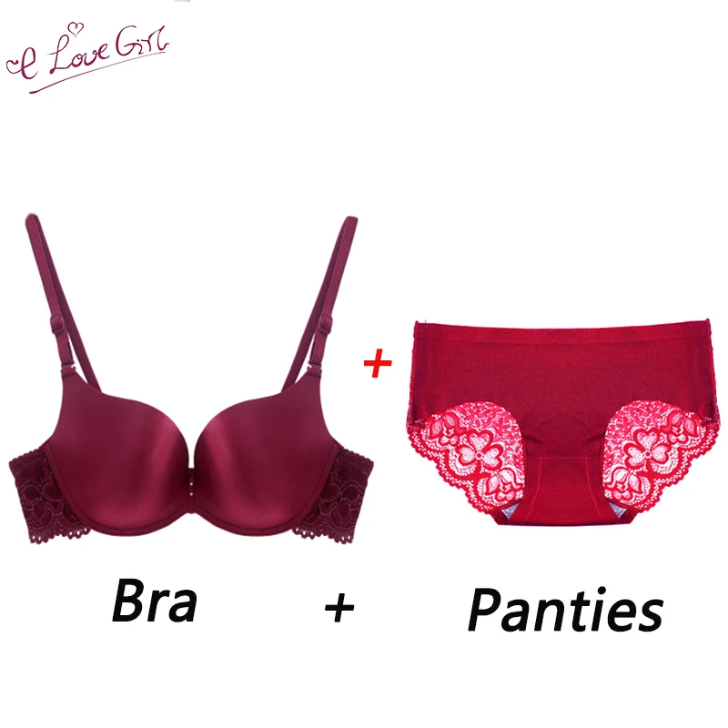 

Elovegirl Bra Set Without Trace One-piece Lace-edged Bra + Temptation Comfortable Without Trace Solid Color Low Waist Hip Brief