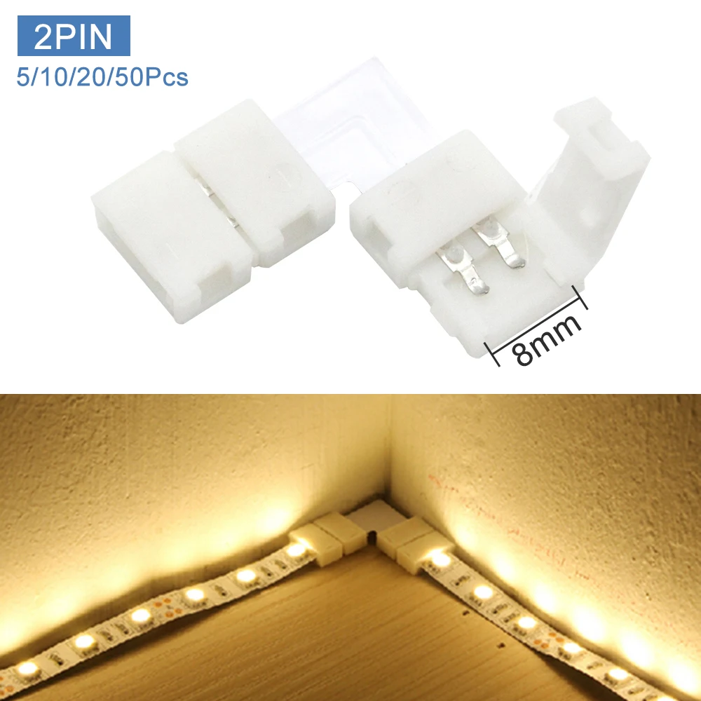 

5/10/20/50PCS 8mm 2PIN L Shape LED Connector Solderless For Connecting Corner Right Angle 3528 2835 LED Strip Light Single Color