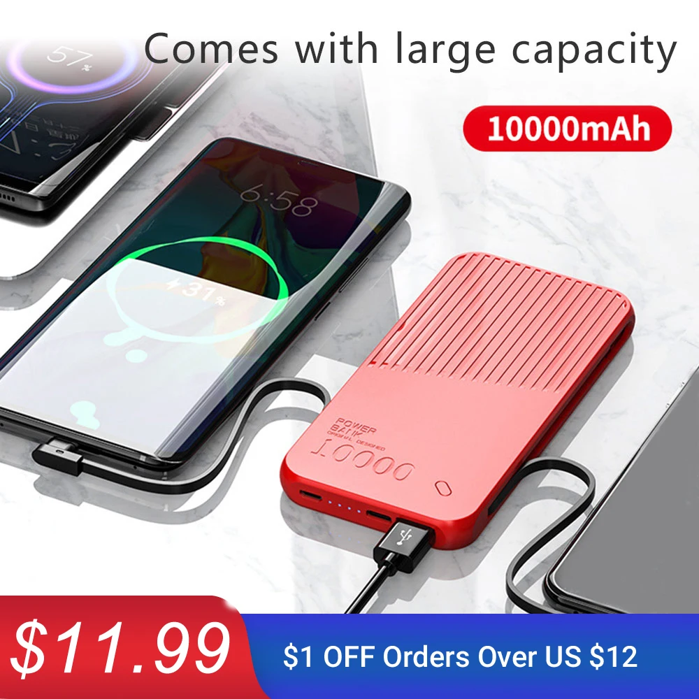 Внешний аккумулятор 10000 мАч с двумя usb кабелями внешний для iPhone 7 11 6 XR Xiaomi huawei