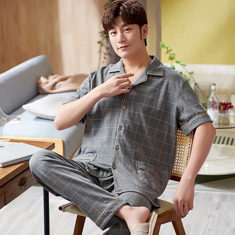 (Tops + Pants) Men's Pure Cotton Short Sleeve Pajamas Suit Casual Fashion Printed Loose Thin Lapel Cardigan Home Service 2021