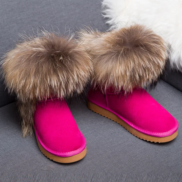 rose fox fur G& Zaco/Роскошные зимние ботинки с натуральным лисьим мехом; женские ботинки из натуральной кожи; Средний теленок; водонепроницаемые ботинки из коровьей кожи с натуральным мехом - Цвет: rose fox fur
