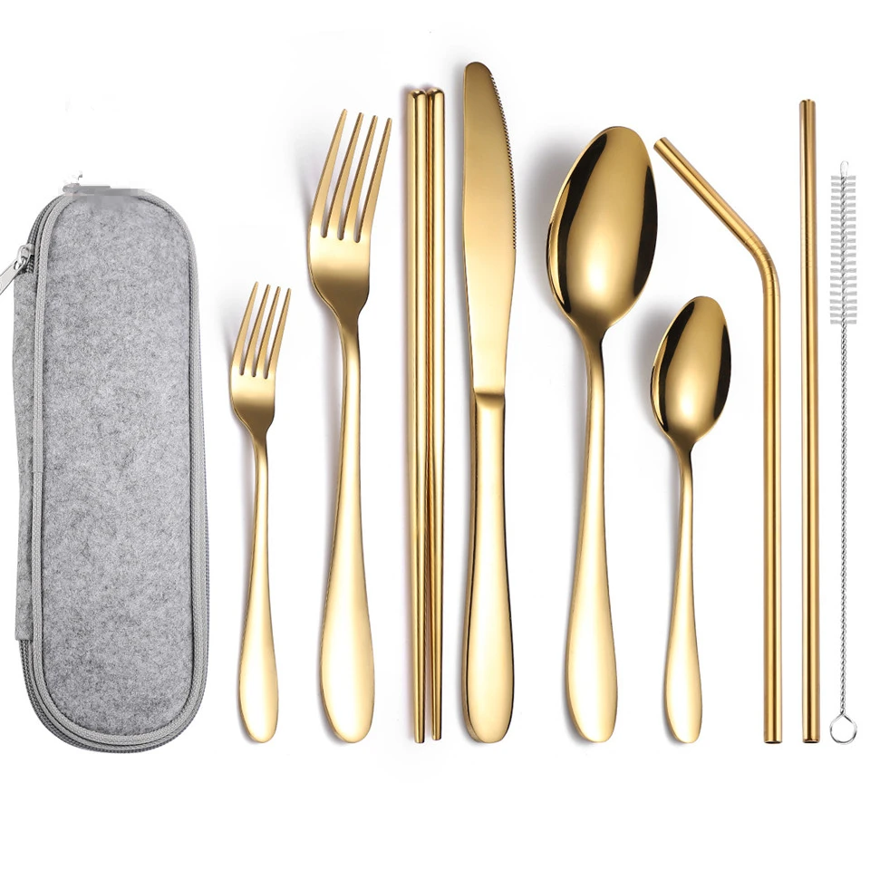 

Набор столовых приборов дорожный из 9 предметов, многоразовая посуда для кемпинга с ложкой, вилкой, палочками и соломинкой, портативный чехо...