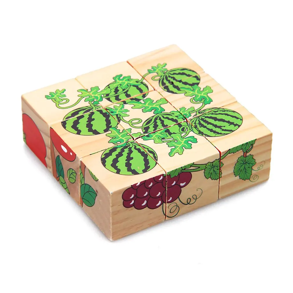 Fruit 9 шт./лот 3D Детские деревянные блоки игрушки животные Пасьянс домино детские развивающие игрушки мультфильм печати деревянные кубики игрушки Brinquedos - Цвет: Fruit
