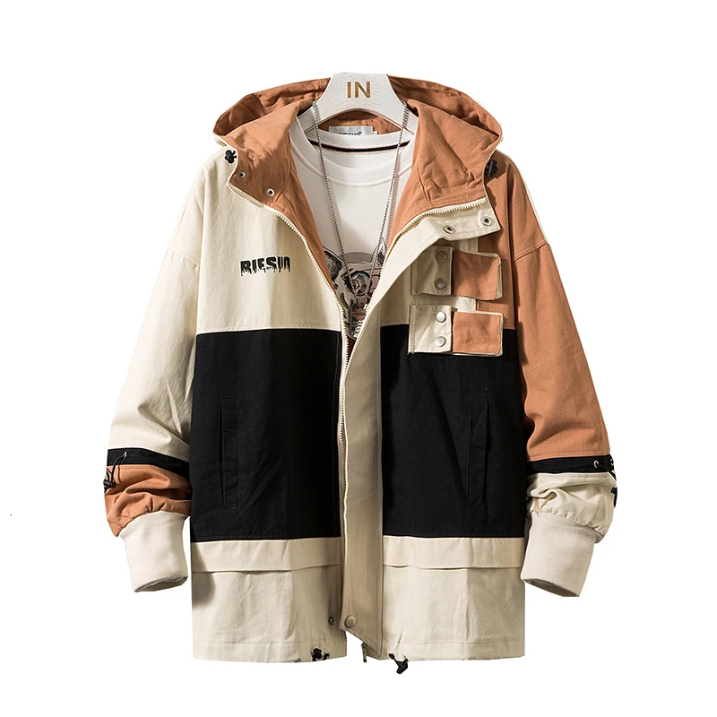 

2019 UYUK New Tri-color Patchwork Contrast Ing Colors Casual Fashion Loose Trend Hood Ed Men's Jacket Clothes Homme Streetwear