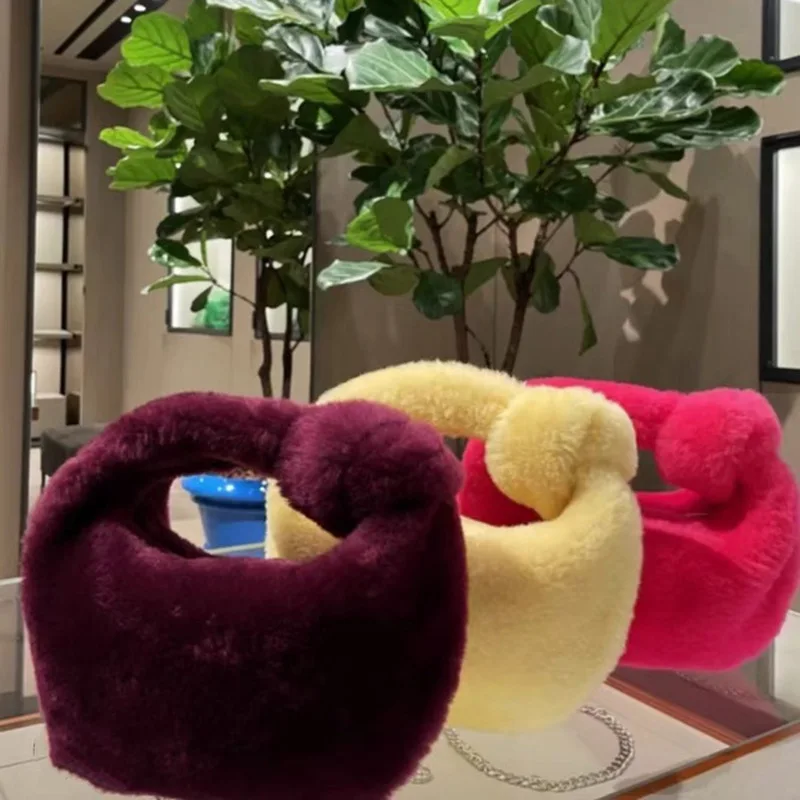 Knot Handle Faux Fur Handbags for Women Winter Cute Ladies Hand Bag Fairy Female Purses and Clutch Plush Small Brand Designer |