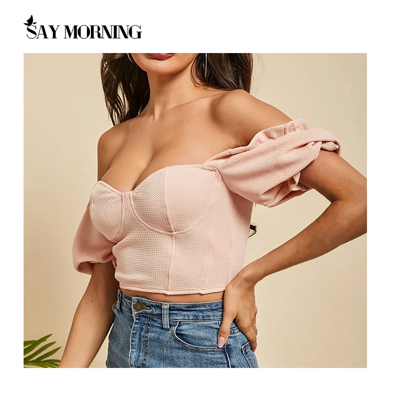 Женский укороченный топ с пышными рукавами SAY MORNING Розовый Повседневный короткий