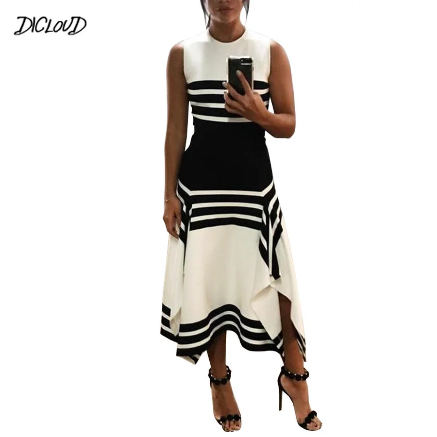 Женское длинное платье без рукавов DICLOUD Черное и белое асимметричное с высокой