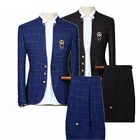 2021 осенний синий клетчатый костюм, пиджак и брюки, деловой Свадебный вечерний черный мужской комплект из 2 предметов