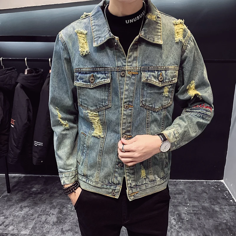 

Осенняя мужская куртка, потертая мужская приталенная джинсовая куртка с вышитыми буквами