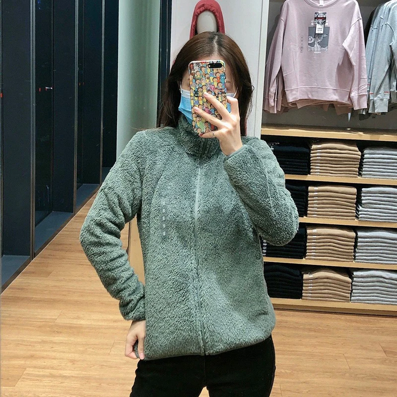 

2021 Autumn Winter Jacket Women Basic Fleece Zipper Loose Stand-up Collar Long Sleeve Female Coat Thick Warm Outdoor 3XL