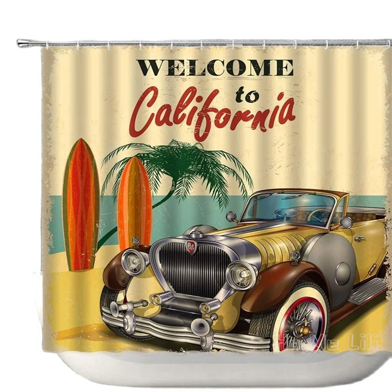 

Vintage Car Decor Fabric By Ho Me Lili Shower Curtain Tropical Beach California Surf Ocean Water Bathroom With Hooks