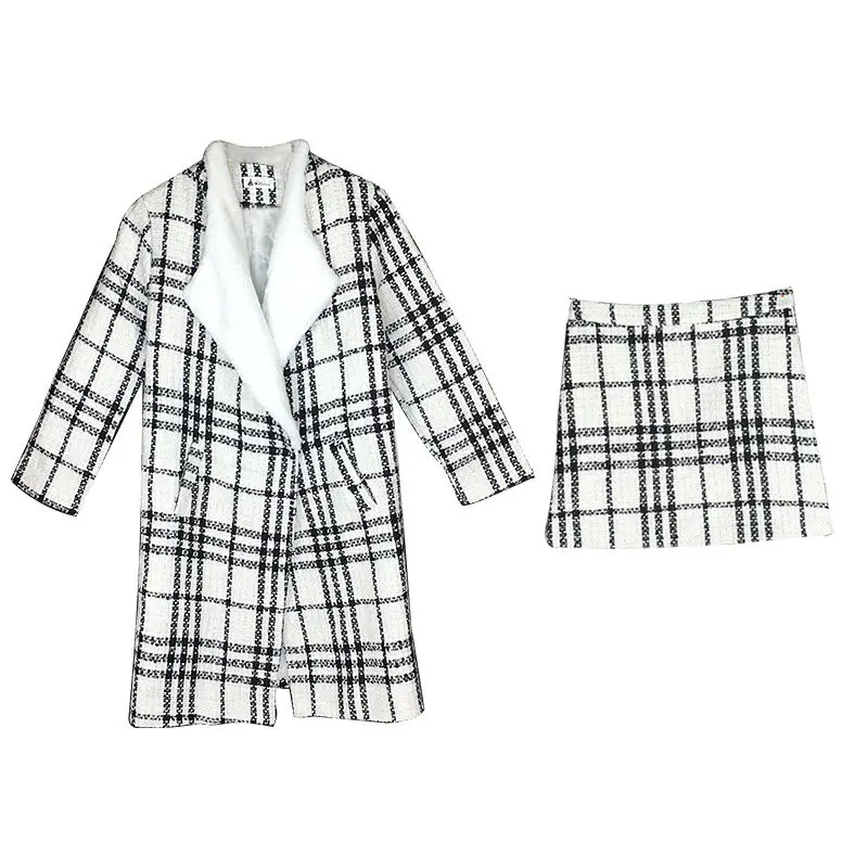 

2021 Autumn and Winter Temperament Women's French Houndstooth Long Woolen Coat Jacket Mini Bag Hip Skirt Two-piece Suit Y371