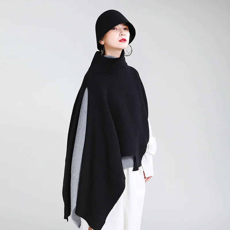 

2020 autumn and winter new unique design bat sleeve sweater High-neck loose and stylish irregular women's shawl sweater