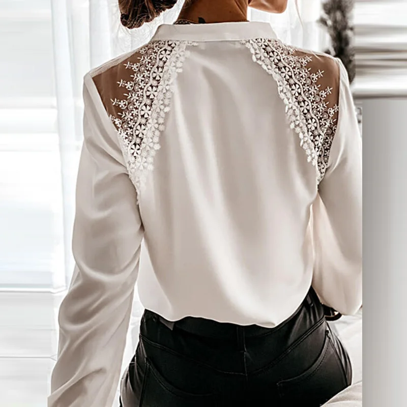 

2021 Elegant Stand Collar Button Office Lady Shirt Sexy Embroidery Flower Lace Shirt Blouse Spring Women Long Sleeve Tops Blusas