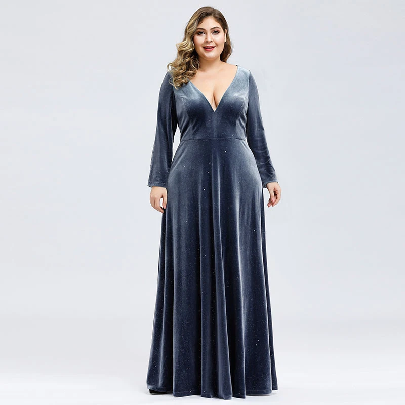 

New Deep V-Neck Evening Dress Elegant Full Sleeves Pleat A-Line Simple Embroidery Floor-Length Plus Size Women Formal Gowns D976