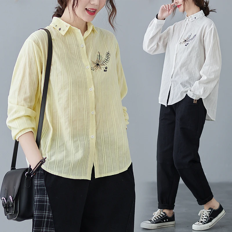 Художественный размера плюс с вырезами вышитые рубашки для женщин на зиму