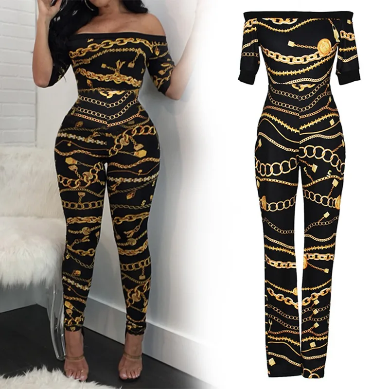 

Women Sexy Jumpsuits Summer Chain Vintage Print High Waist Off Shoulder Jumpsuit Night Club Party Romper Streetwear Playsuit