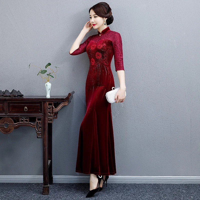 Осень/зима рыбий хвост юбка платье ретро, Национальный стиль мать cheongsam длинная Вышивка Горячая алмаз Улучшенный китайский платье