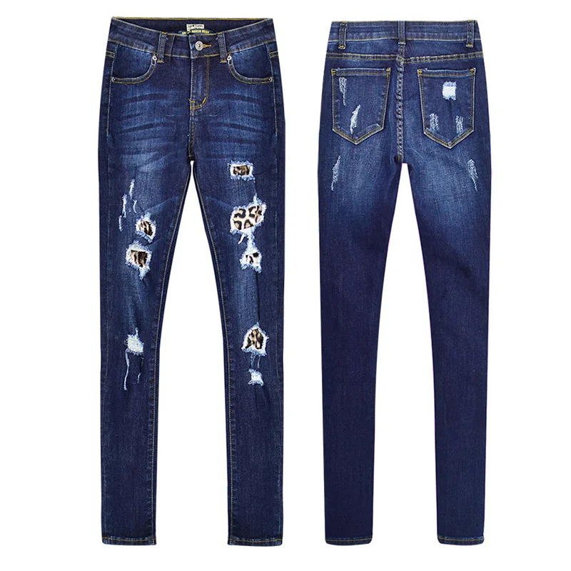 

Women's Blue Denim Jeans Ripped Broke Hole Leopards Pencil Pants Ladies Mid Waist Stretch Slim Trousers TOP353