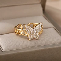cute rose gold frosted butterfly rings girls exquisite stainless steel animal rhinestone rings for women jewelry gift whosale