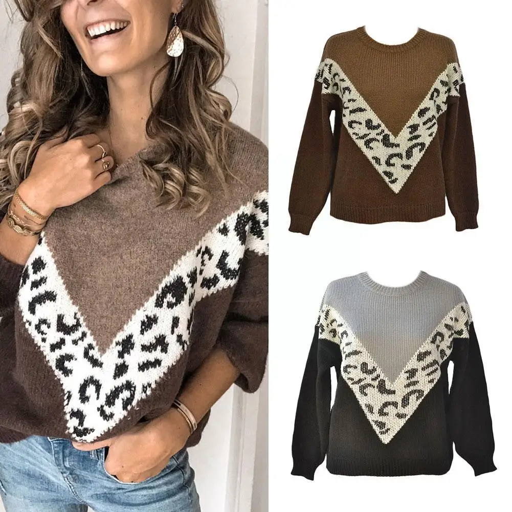 

2021 Fashion Leopard Sweater Pullover Ladies Knitted Sweater Women Jumper Top Sleeve Stitching O-neck Full Color Clothing W8y4