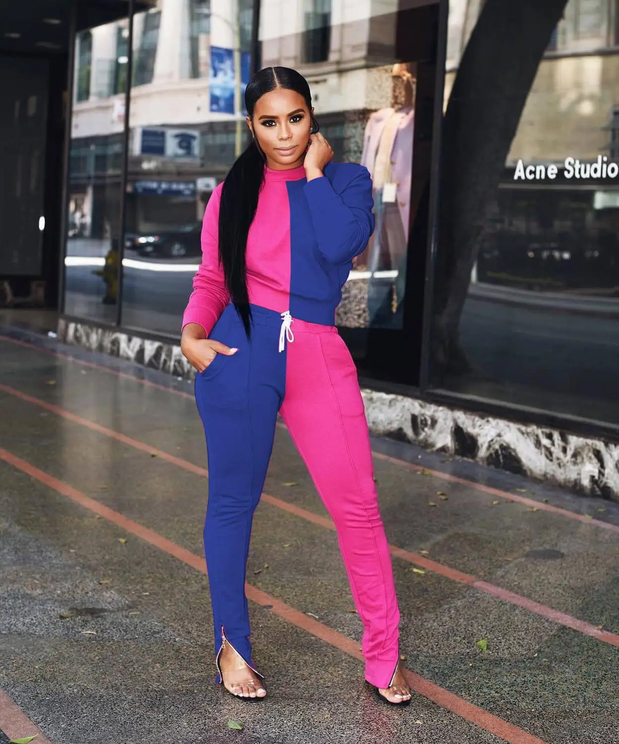 

2020 Newest Color Patchwork Women Two Piece Ripped Tracksuits Long Sleeve Sweatshirt Top and Ripped Sweatpants Set Autumn Suits