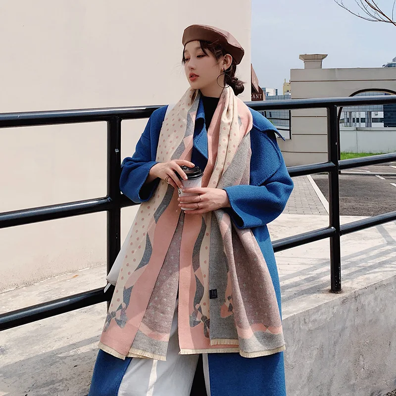 Женский кашемировый шарф в горошек зимняя теплая шаль и бандана Пашмина длинный