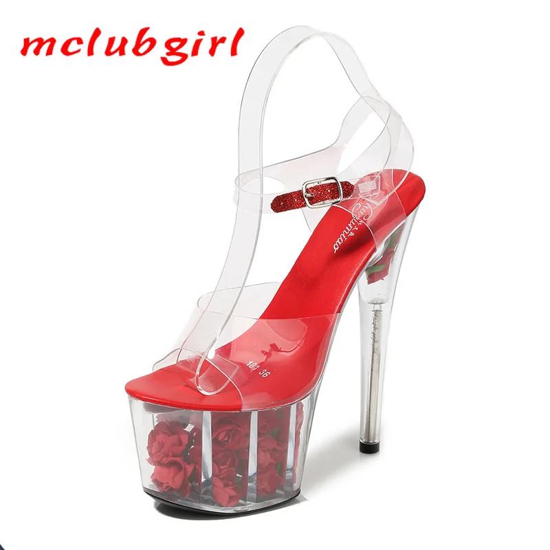 

Mclubgirl 16.5CM High Heels 6.5cm Platfrom Women Slipper Waterproof Sandals Female Transparent Crystal Wedding Shoes LFD