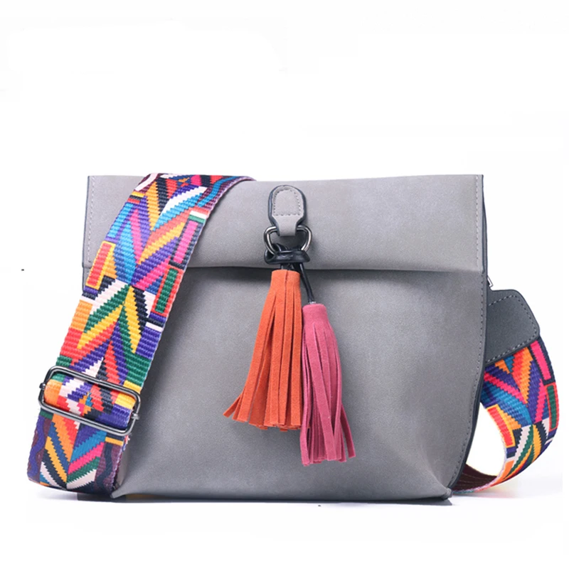 

Women Crossbody Shoulder Bag PU Leather Luxury Designer Handbags Girls with Tassel Colorful Strap Female Small Brown Purses