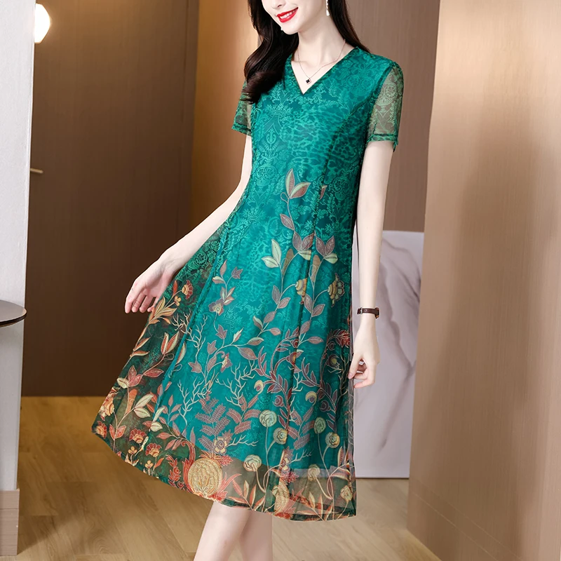 

COIGARSAM Women Dress Summer 2021 New Office Lady Print Short Sleeve Mesh V-Neck Green Dresses Traf Vestidos Robe