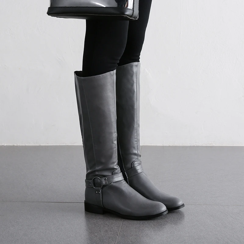 

WETKISS Motorcycle Boots Women Low Heels Thick Boot Female Knee High Zip Shoes Ladies Rivet Buckle Shoes Women Winter 2020