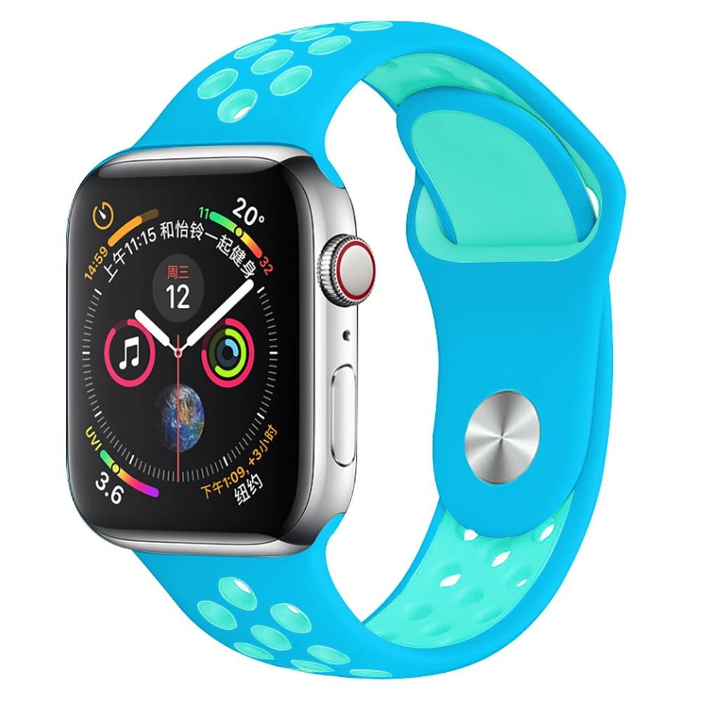 Sky blue with green Мягкий силиконовый сменный спортивный ремешок для Apple Watch, 38 мм, 40 мм, серия 1, 2, 3, 4, 5, 42 мм, 44 мм, браслет на запястье, ремешок для iWatch Sports - Цвет ремешка: Sky blue with green