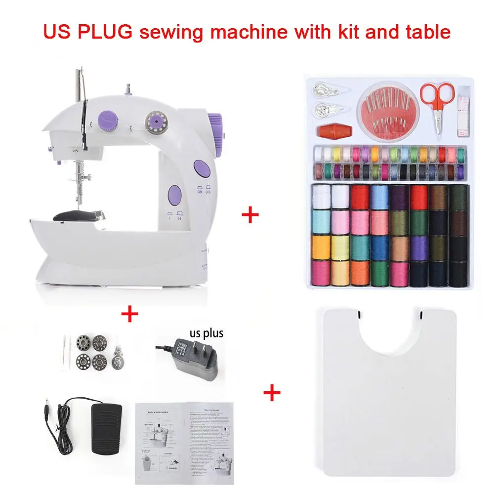 US with Kit table Мини Портативные Ручные Швейные машины для шитья, рукоделия, беспроводные ткани для одежды, электрическая швейная машина, набор стежков 16 - Цвет: US with Kit table