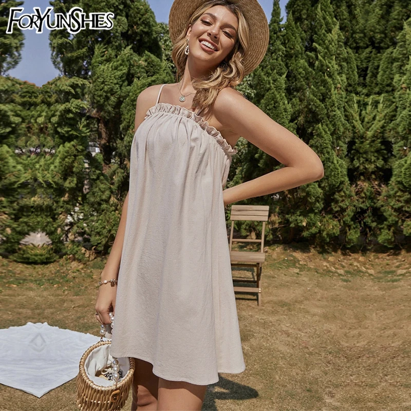 

Women's Straps Mini Dress Sexy Backless Ruffle Loose Casual Cotton Sundress 2021 Summer Beach Vacation Party Club Y2K Clothes