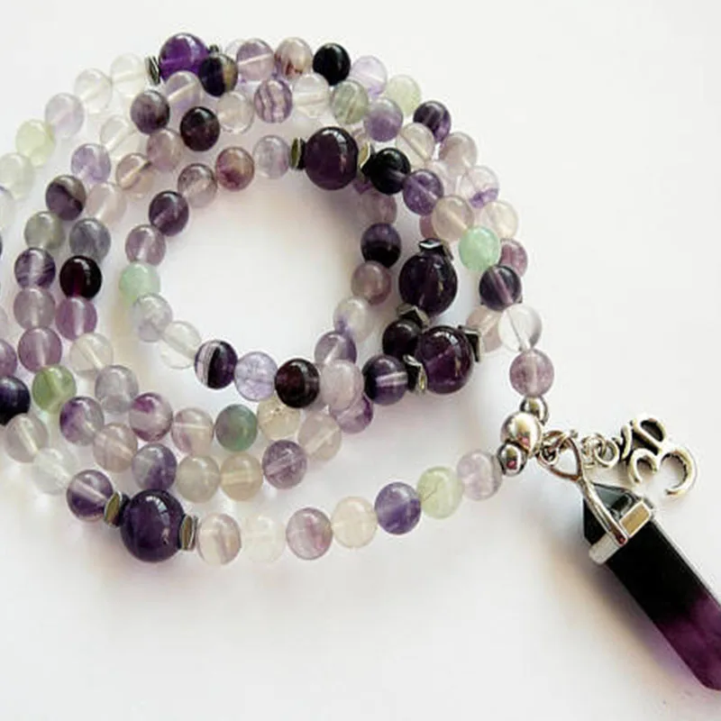 

108 Mala Fluorite Necklace 108 mala wrap bracelet Meditation Yoga fluorite bracelet Buddhist Beads Om necklace
