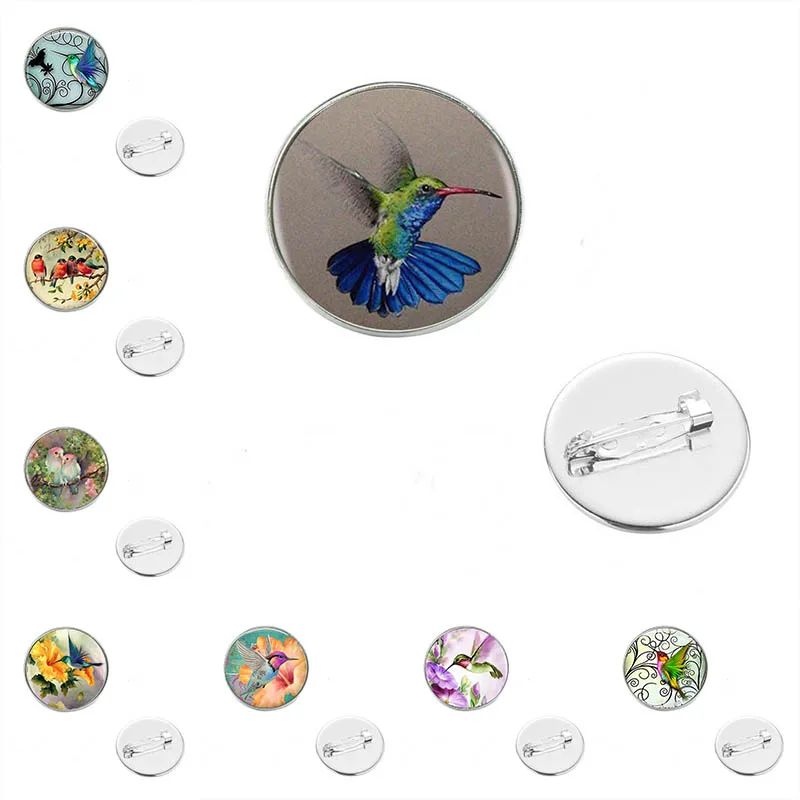 

Blue Hummingbird Brooches for Women Birds Little Animal Art Painting Glass Round Pins Button for Coat Banquet Accessories