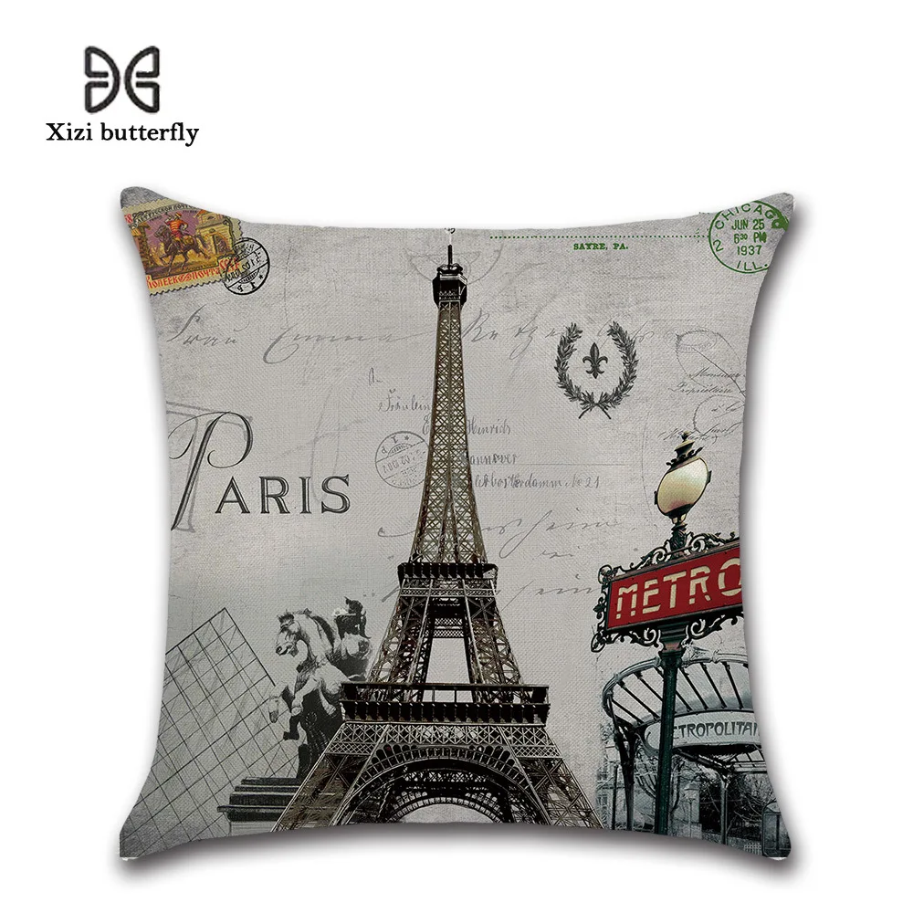 

Винтажная Эйфелева наволочка с башней 45*45 см Невидимый чехол для подушки на молнии льняная мультяшная Наволочка декоративная наволочка для...
