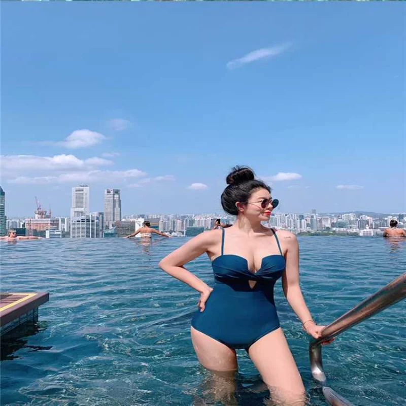 

INS Style Simple Solid Color Small Chest Push up Sling Sexy One Piece Swimsuit 2021 Korean Style Tight Women's Swimsuit