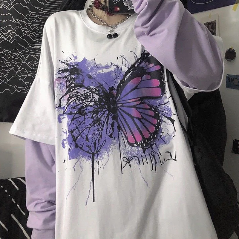 

Oversized t-shirt cotton Butterfly Fake two dropshipping Hip Hop Top harajuku vintage aesthetic goth graphic punk grunge clothes