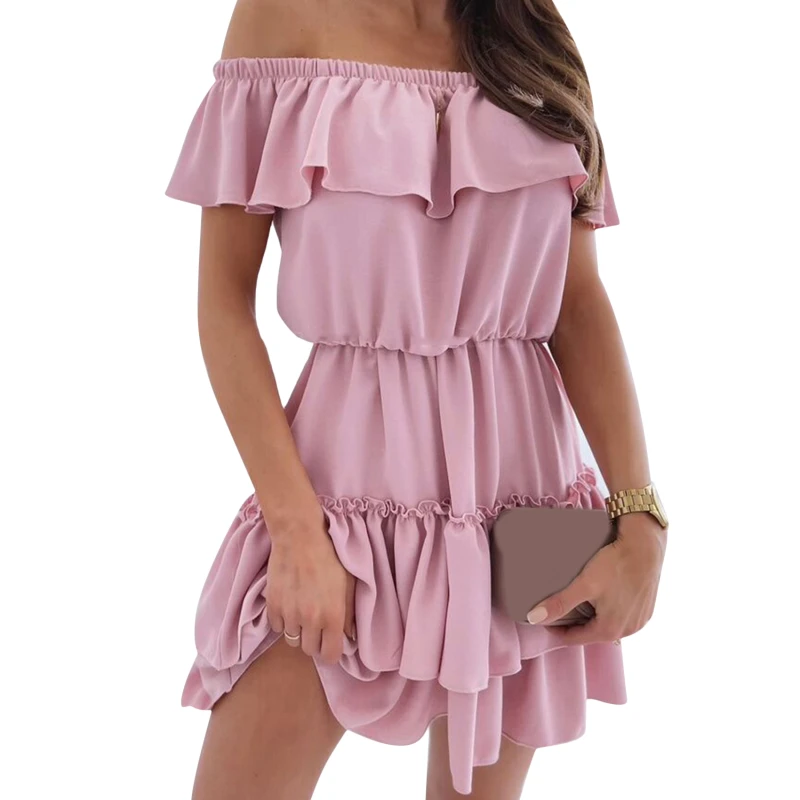 

Женское однотонное платье свободного покроя с коротким рукавом, Повседневное платье с воротником «одно слово», модное летнее платье с откр...