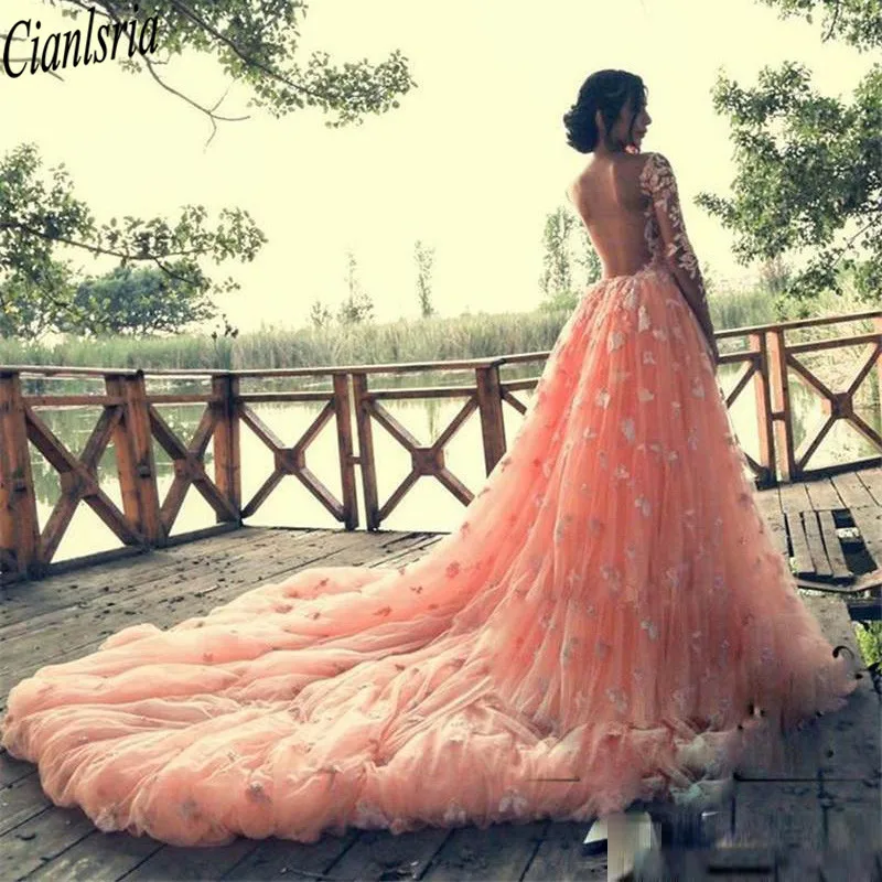 overskrit prom dresses mermaid sheer neckline illusion long sleeves evening gowns appliques backless with detachable train