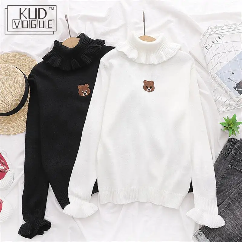 Harajuku Kawaii High Neck Sweater Korean Vintage Pullover Women Jumper Knitted Turtleneck Ruffle Cute Bear Slim Black | Женская одежда