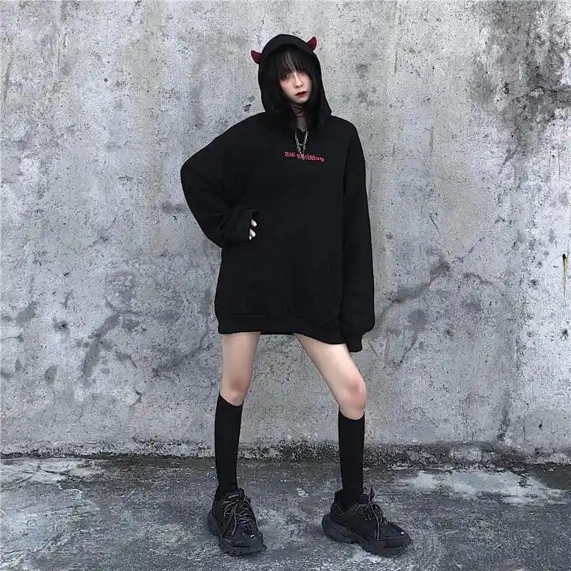 Fall Winter Women Sweatshirts High Street Harajuku Cute Hoodies Punk Gothic Devil Horn Chic Hooded Pullover Loose Sweat | Женская одежда